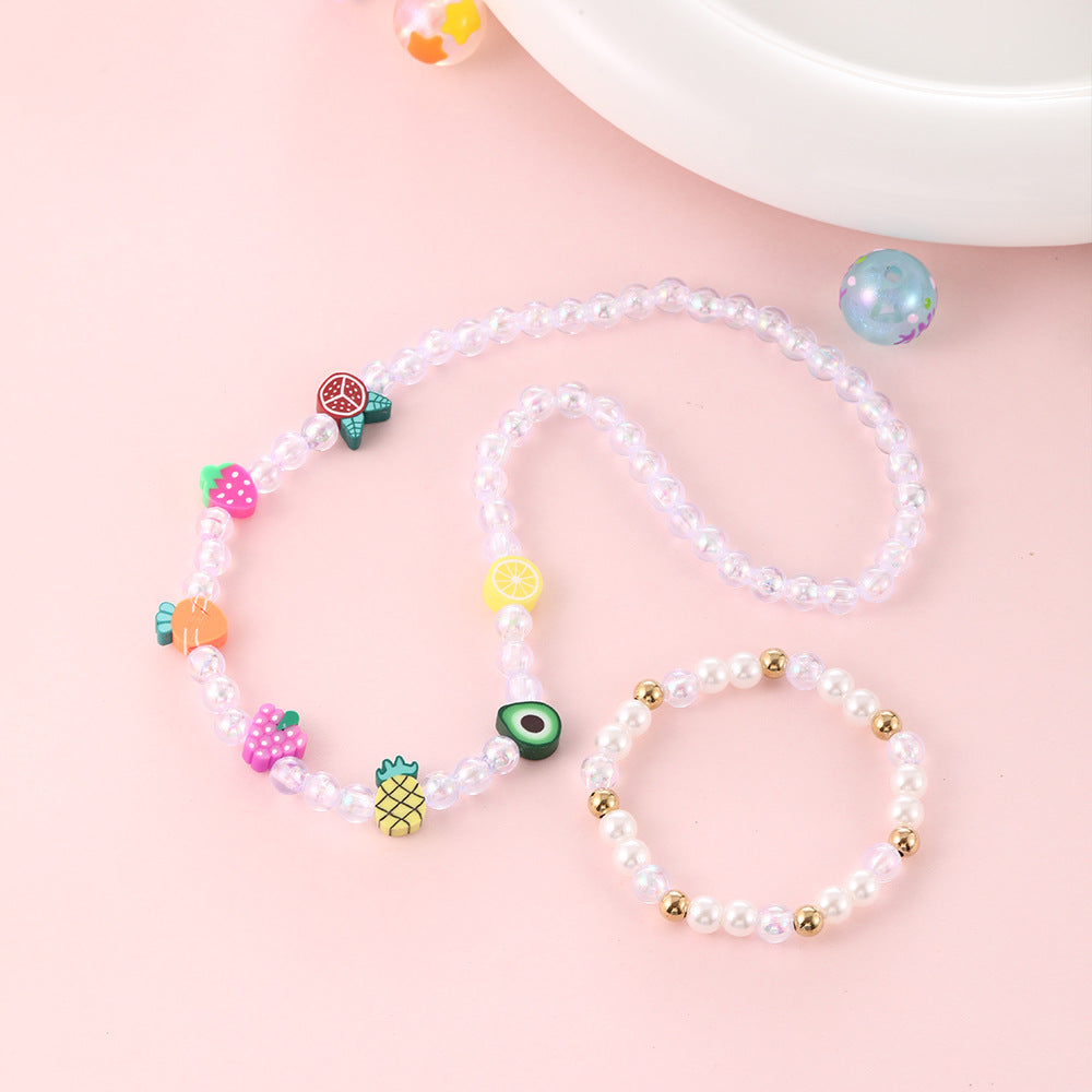 Cartoon Style Fruit-Shaped Resin and Polymer Clay Necklace Set with Beaded Chain for Children