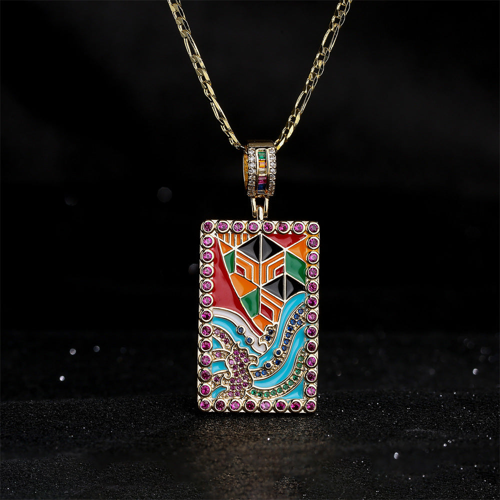 Collana con ciondolo geometrico in smalto dipinto a olio da donna in rame placcato oro 18 carati e intarsi in zirconi