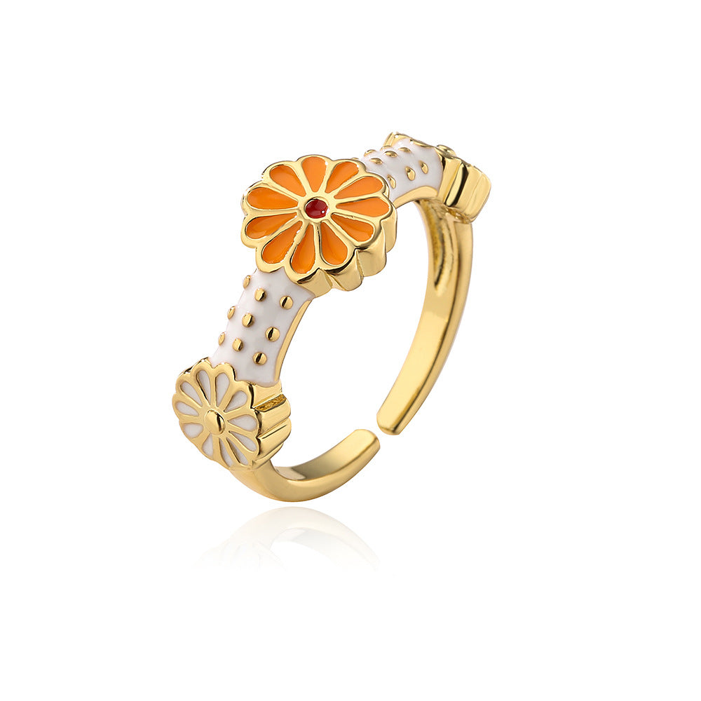 Bohemian Style Irregular Geometric Shape Copper Ring with Gold Plating and Enamel Floral Design for Women