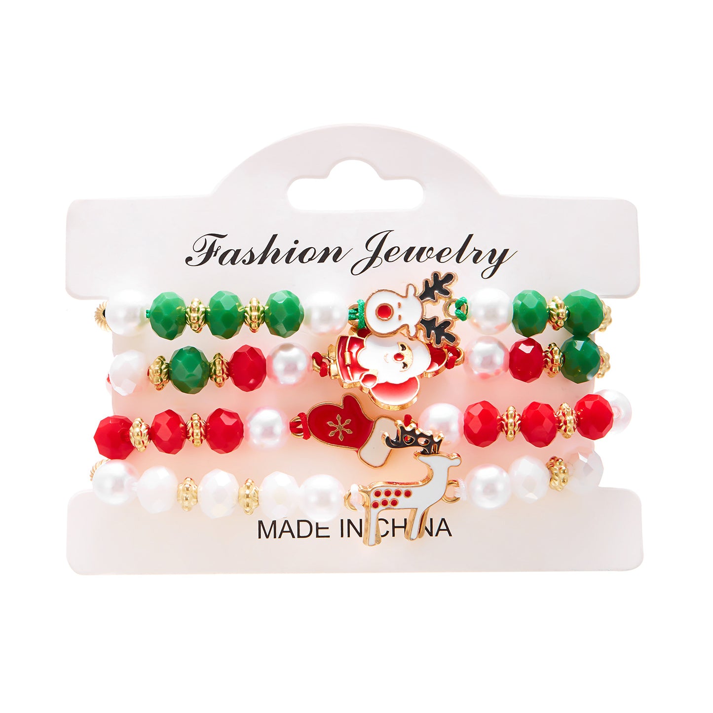 Juego de Pulseras Artesanales Navideñas con Dijes de Papá Noel y Renos en Resina, Arcilla Polimérica y Aleación con Detalles de Cristal y Vidrio para Mujer