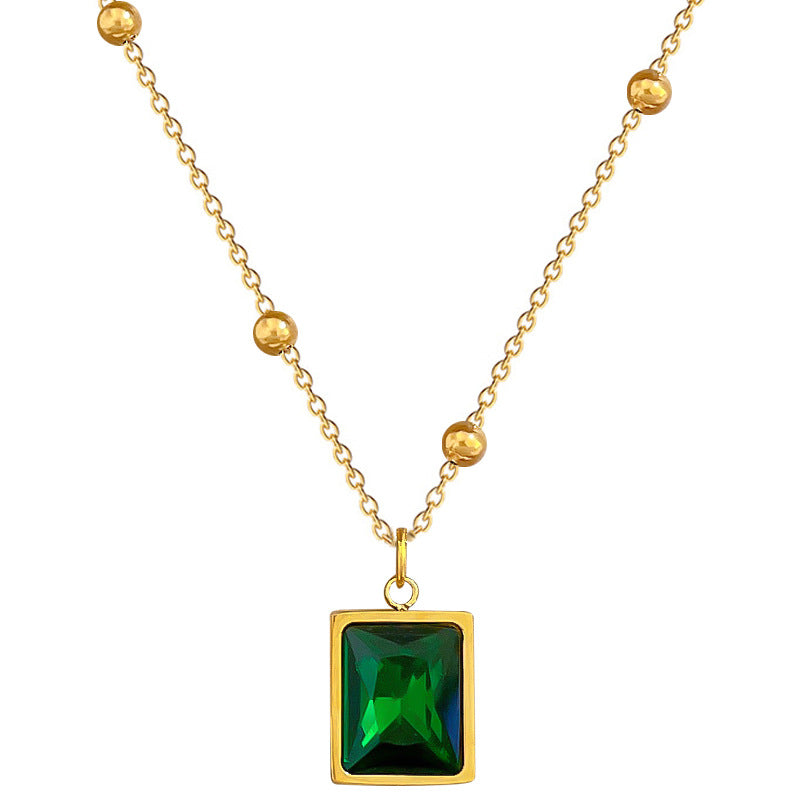 Minimalist Geometric Green Gemstone Titanium Steel Collar Chain with Gold Plating
