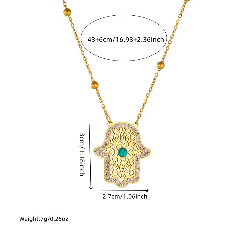 Vintage Fashion Hand-Shaped Turquoise Inlay Openwork Mesh Stainless Steel Necklace and Earrings Set