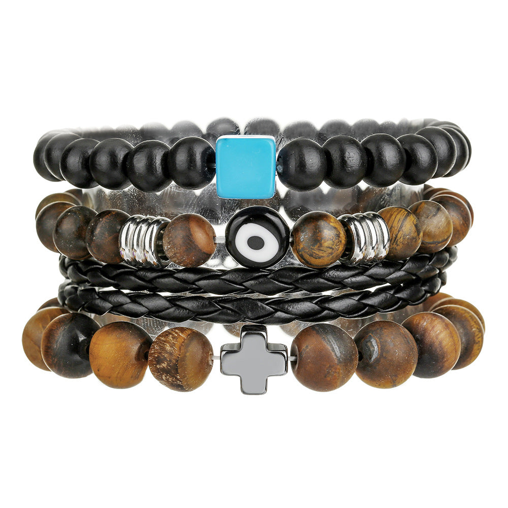 Vintage Geometric Tiger's Eye and Hematite Leather Bracelet Set with Cross Charm for Men and Women