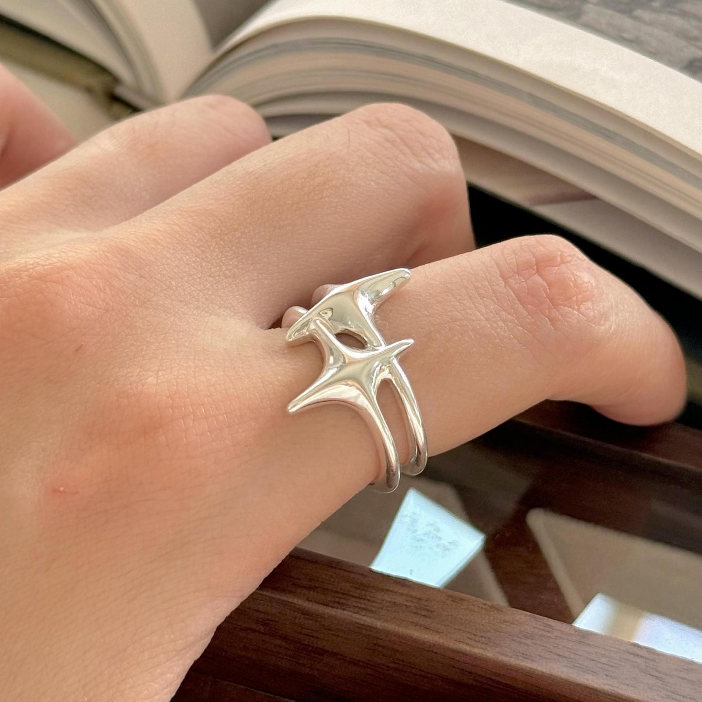 Minimalist Star-Shaped S925 Sterling Silver Ring with Plated Finish for Women