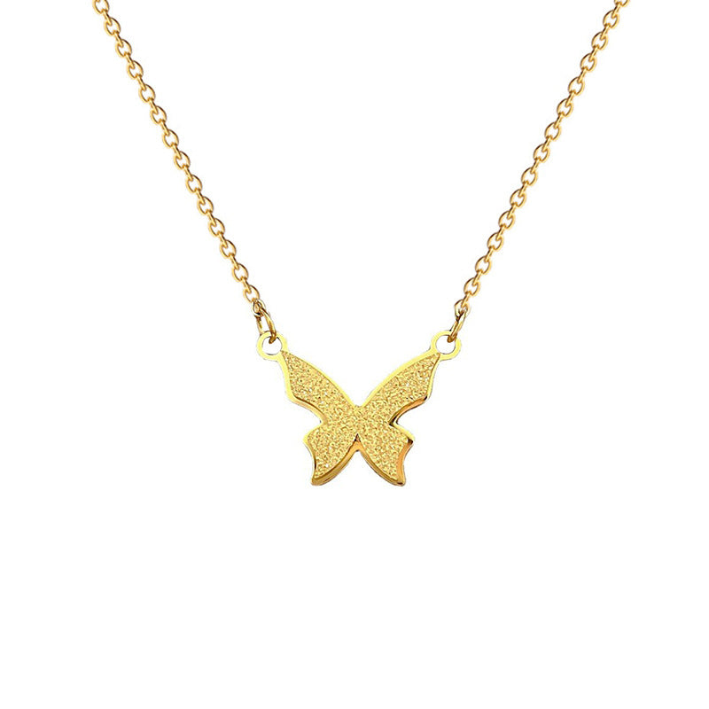 Minimalist Matte Titanium Steel Butterfly Pendant Necklace for Women with Gold Plating and Geometric Edge Bead Detail
