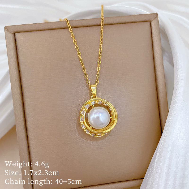 Sweet Geometric Rotating Bird Nest Pearl Rhinestone Necklace Titanium Steel Cable Chain for Women