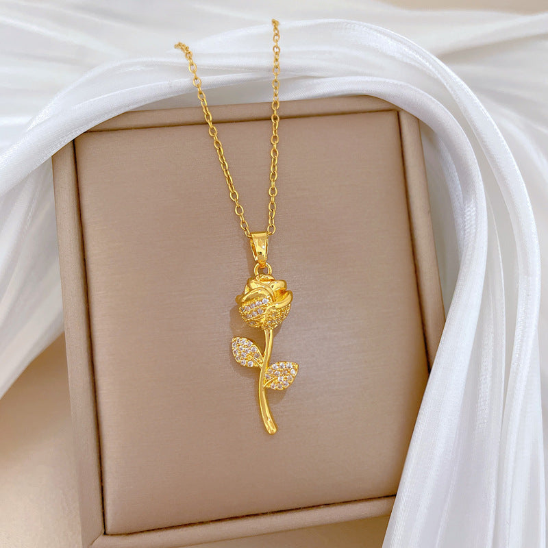 Sweet Minimalist Rhinestone Full-Paved Rose Geometric Pendant Titanium Steel Necklace for Unisex