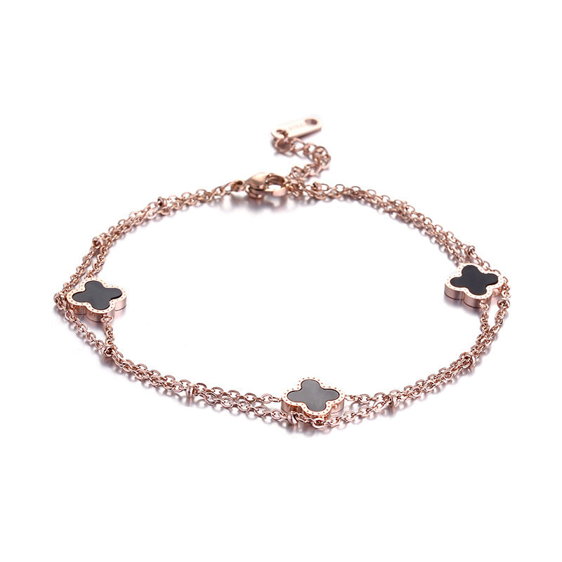 Fashion Double Layer Four Leaf Clover Bracelet 18K Rose Gold Plated Titanium Steel Geometric Design Women Jewelry