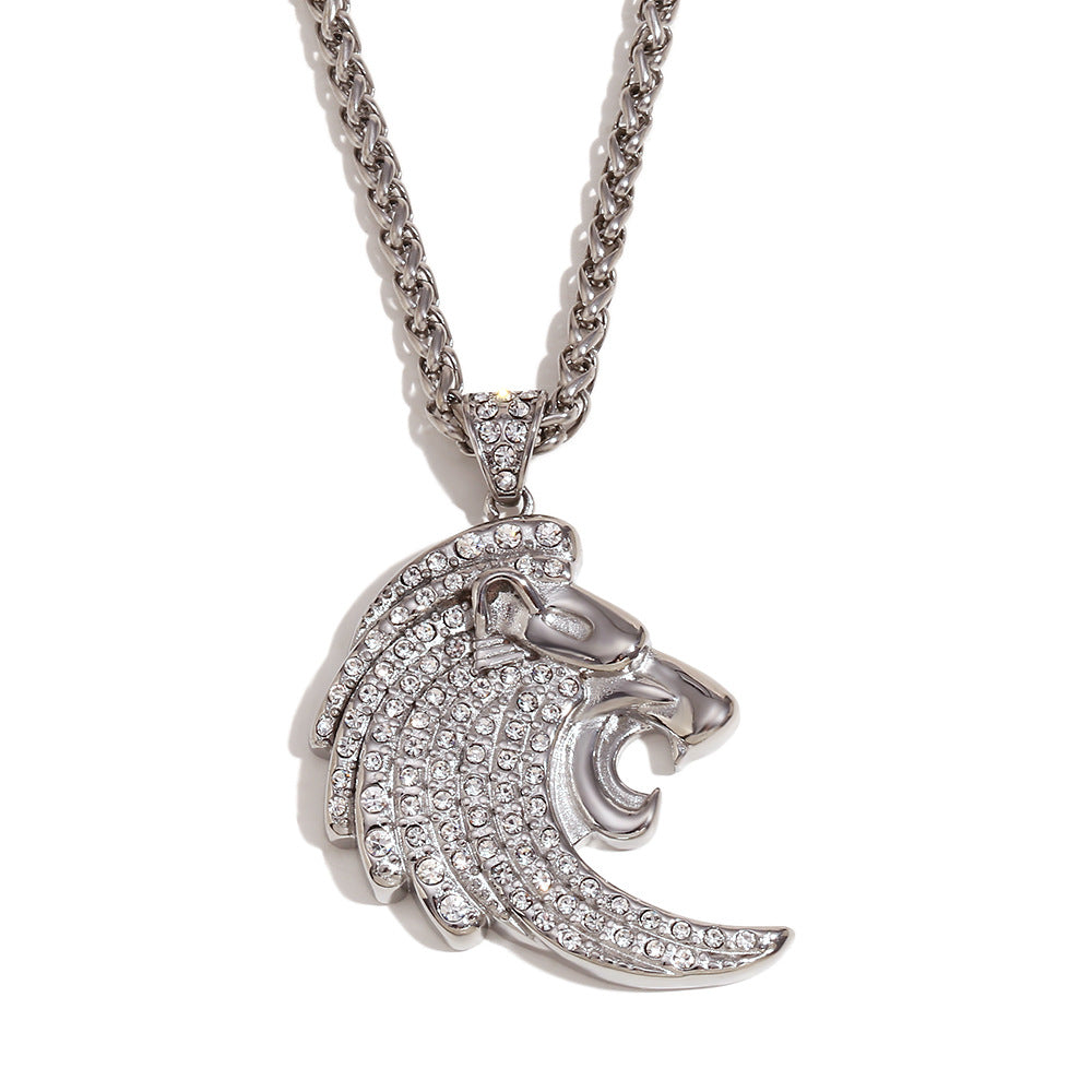 Hip Hop Style Lion Pendant Necklace for Men Stainless Steel with 18K Gold Plating and Full Rhinestone Accents on Standard Chain