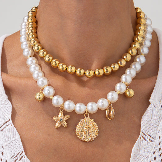Collar con colgante de aleación con forma de estrella, estilo vacacional minimalista, con acabado galvanizado y cuentas de nácar para mujer