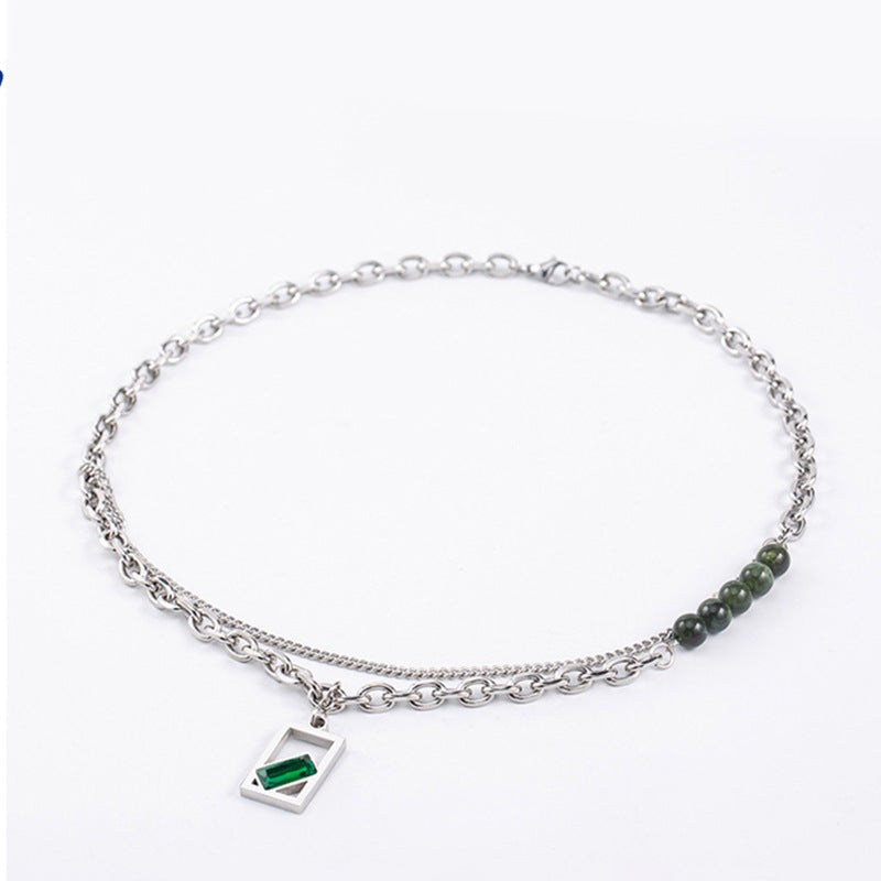 Collana Minimalista Geometrica a Doppio Strato in Acciaio al Titanio con Ciondolo a Gemma Verde Lucida Unisex