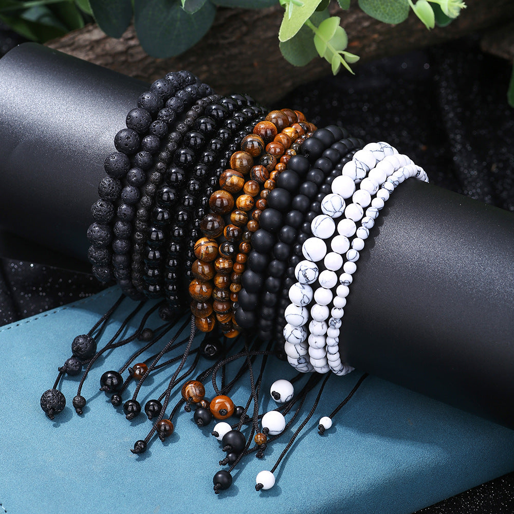Geometric Round Tiger Eye Volcanic Stone Beaded Bracelet Unisex