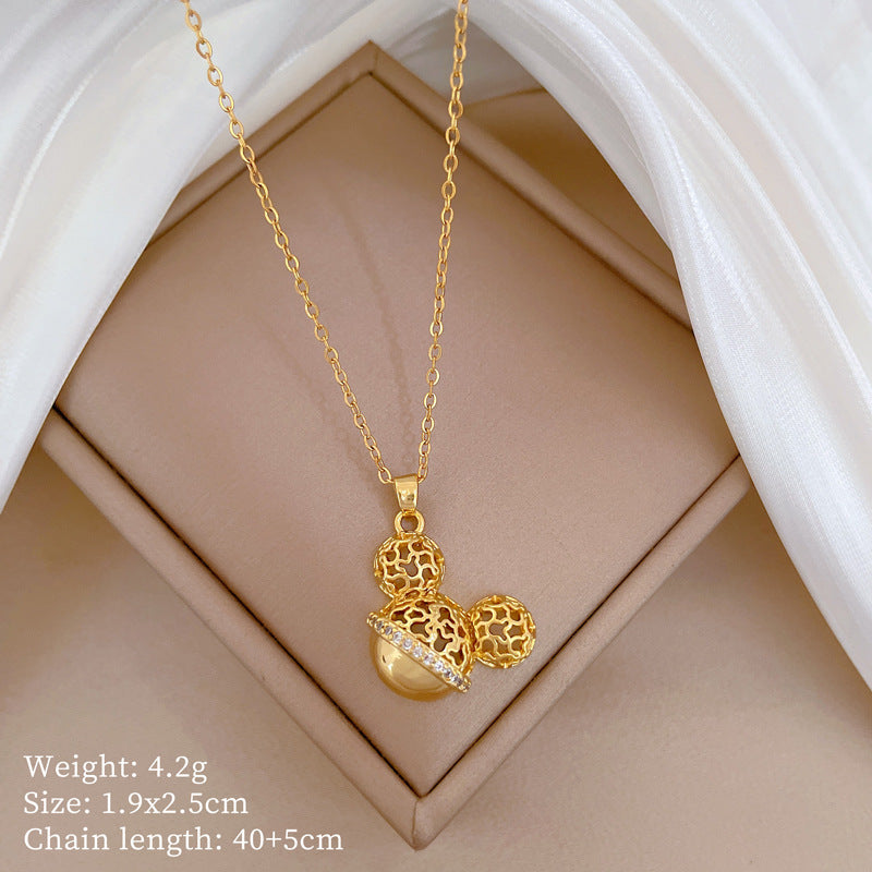 Geometric Minimalist Titanium Steel Lip Chain Necklace with Copper Pendant and Rhinestone Inlay