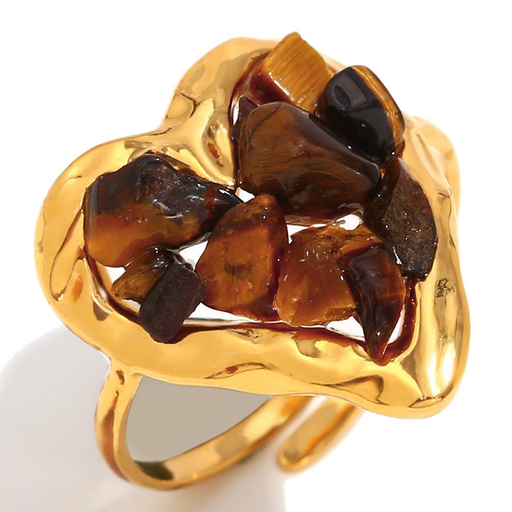 Vintage Fashion Heart-Shaped Stainless Steel Ring with 18K Gold Plating and Tiger Eye Stone Accents