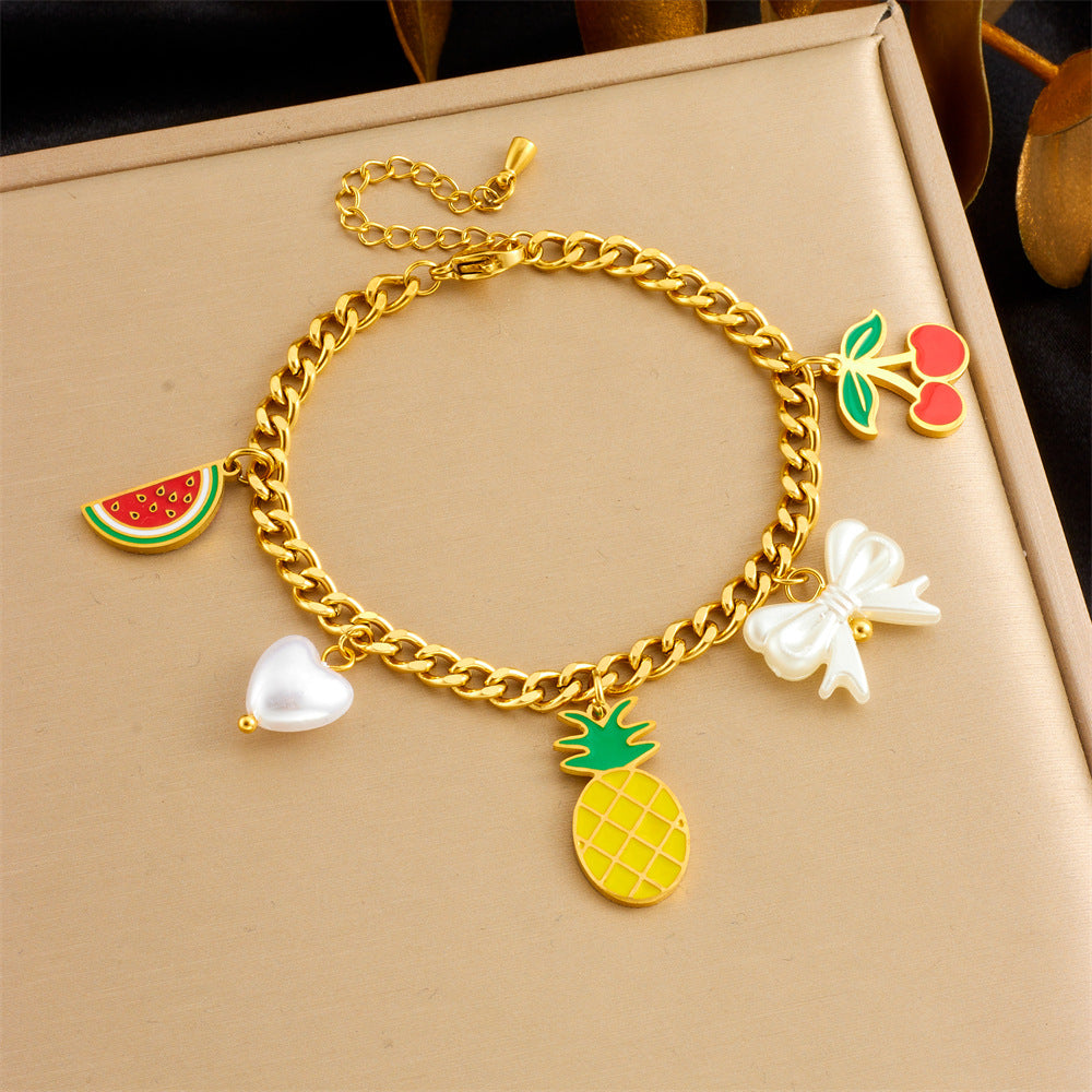 Elegant Cartoon Drip Oil Plated Stainless Steel Butterfly Fruit Jewelry Set with Serpentine Chain for Women