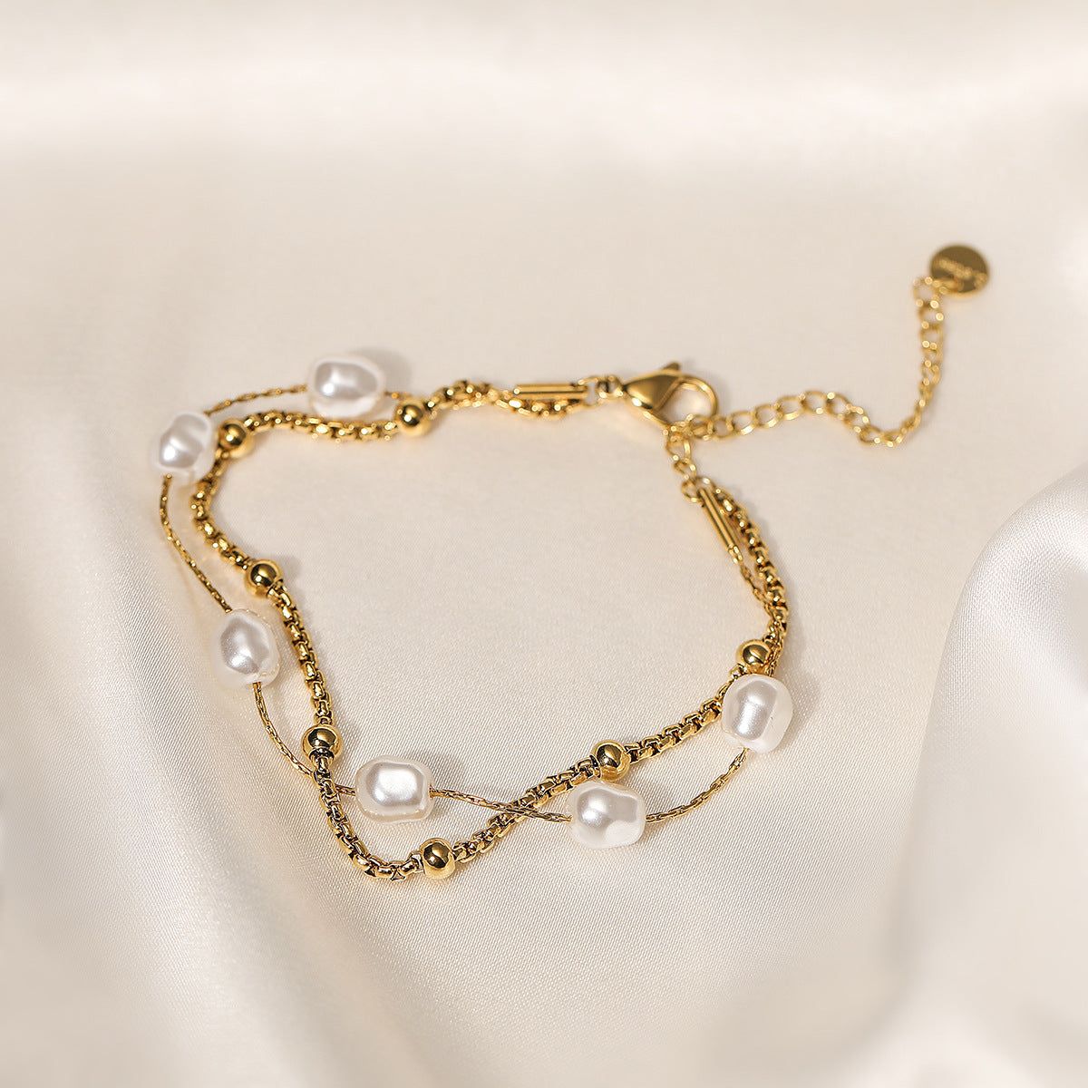 Minimalist Gold Plated Geometric Stainless Steel Bracelet with Pearl Irregular Double Layer Design for Women