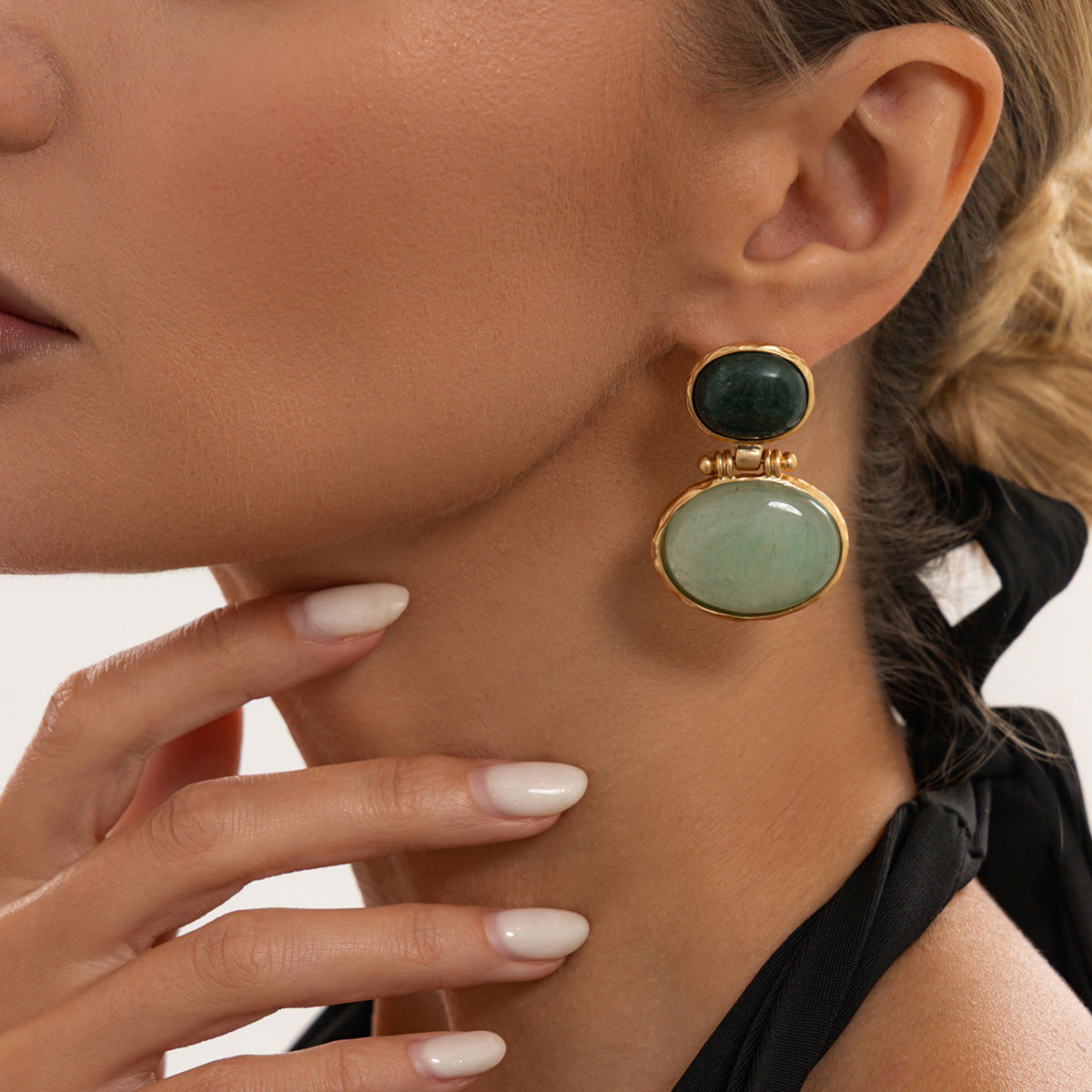 Vintage Elegant Oval Geometric Resin Gemstone Inlay Plated Earrings for Women