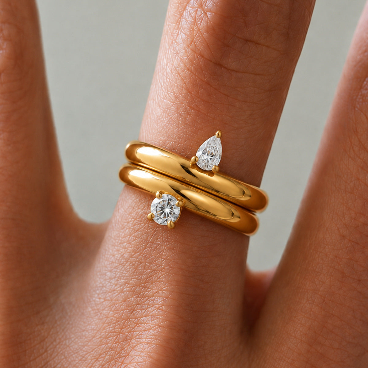Minimalist Geometric Teardrop Stainless Steel Ring with Cubic Zirconia PVD 18K Gold Plated for Women