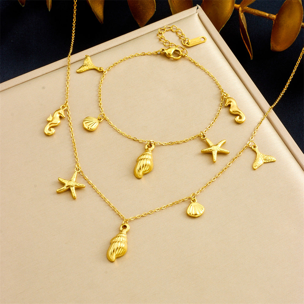 Fashion Ocean-Themed Pendant Set with Starfish and Seashell Motifs Stainless Steel Plated Necklace and Bracelet for Women