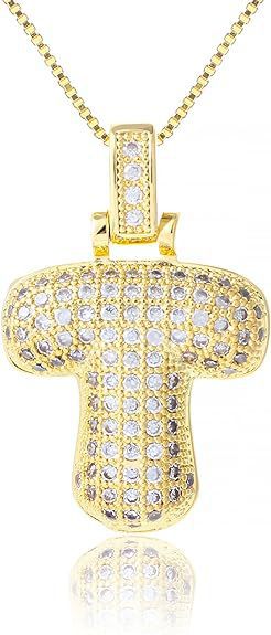 14K Gold Plated Brass Letter Pendant Necklace with Cubic Zirconia Inlay Box Chain for Women