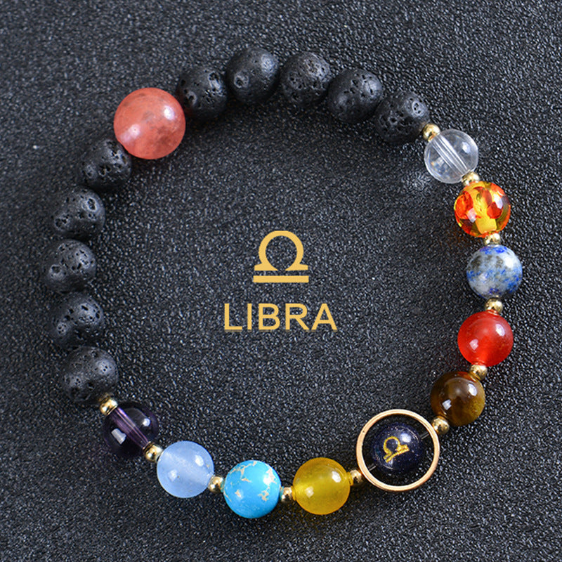 Unisex Zodiac Blue Sandstone Volcanic Stone Crystal Beaded Bracelet