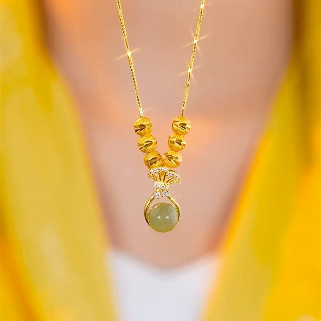 Original Design Irregular Shape Copper Plated Gold Green Lucky Bag Pendant Necklace for Women with Titanium Steel O-Chain