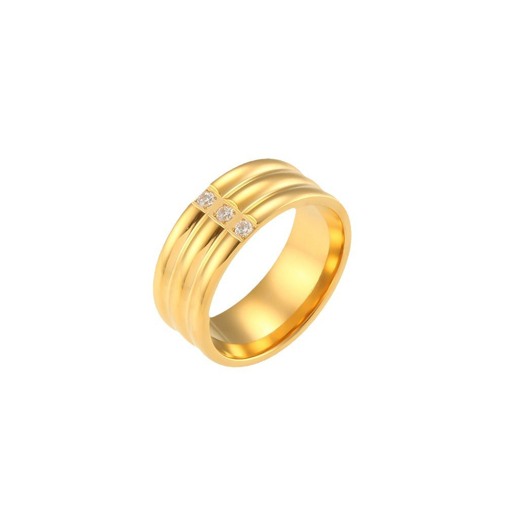 Fashionable Geometric Stainless Steel Ring for Women with 18K Gold Plating and Triple-Arc Surface Featuring Cubic Zirconia Accents