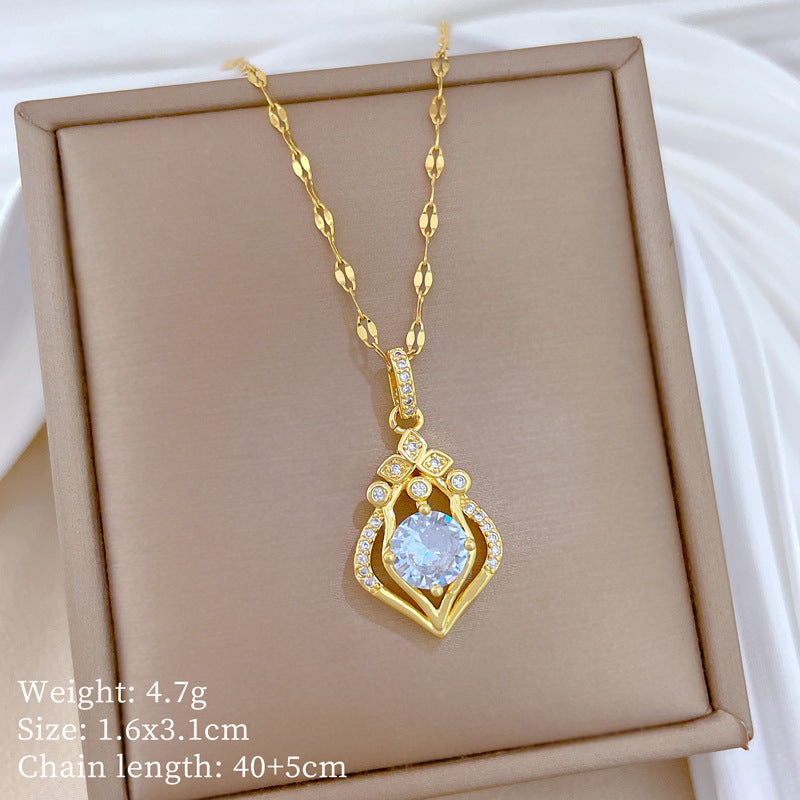 Sweet Teardrop Moon Rhinestone Pendant Titanium Steel Necklace for Unisex