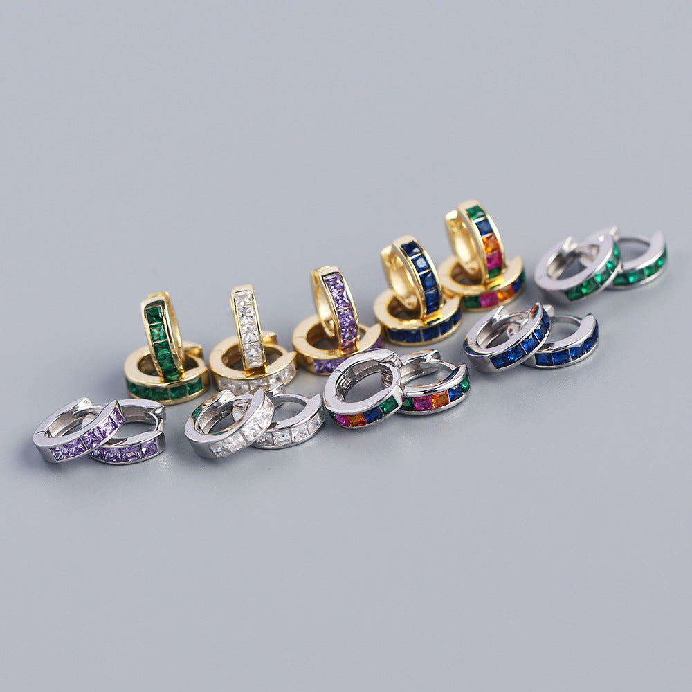Minimalist 925 Sterling Silver Square Geometric Cubic Zirconia Inlay Hoop Earrings