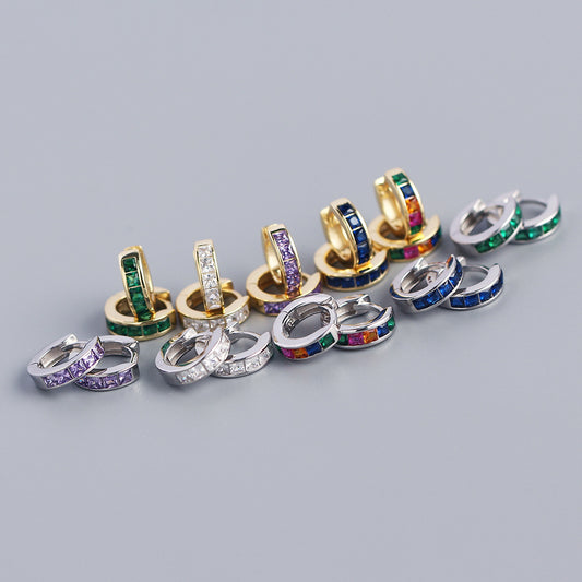 Pendientes de aro minimalistas de plata de ley 925 con circonitas cúbicas geométricas cuadradas incrustadas