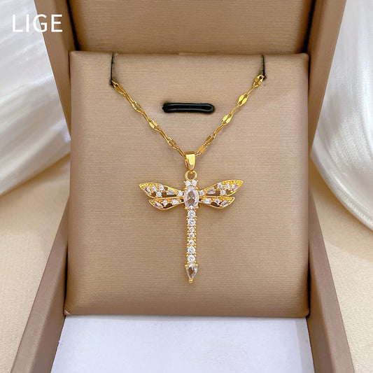 Exquisito Collar con Colgante de Libélula de Circones Calados de Lujo para Mujer, Cadena Delicada de Acero Inoxidable para Clavícula con Diseño Geométrico
