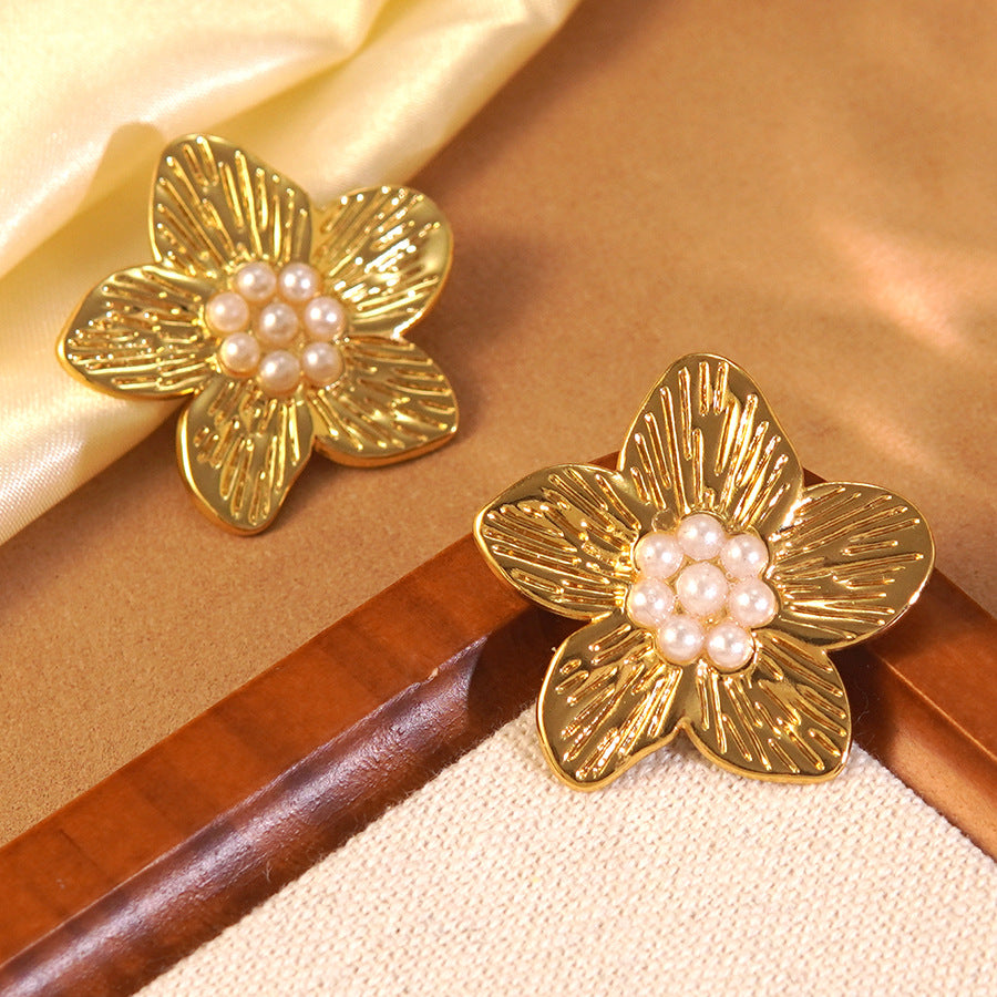 Vintage Floral Stamping Stainless Steel Pearl Earrings