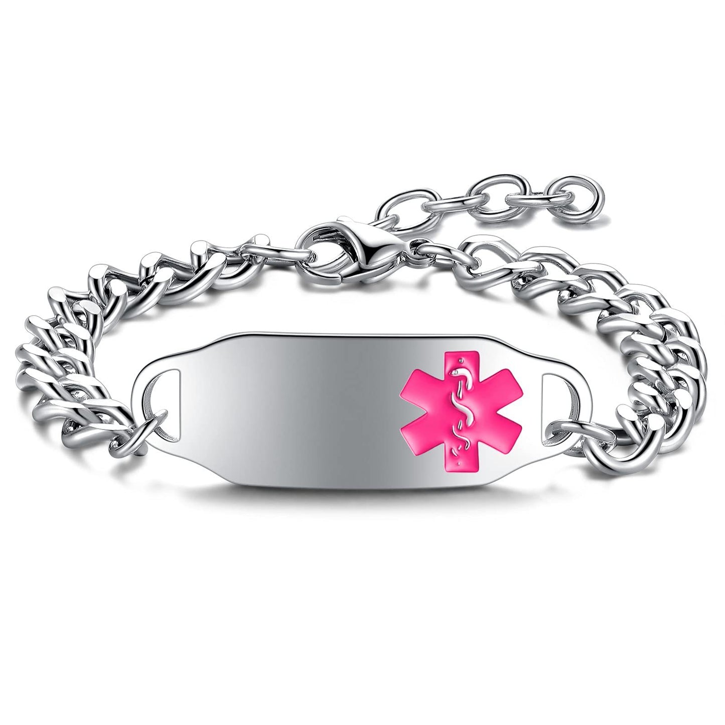 Sweet and Edgy Polished Stainless Steel Medical Alert Bracelet for Women and Men
