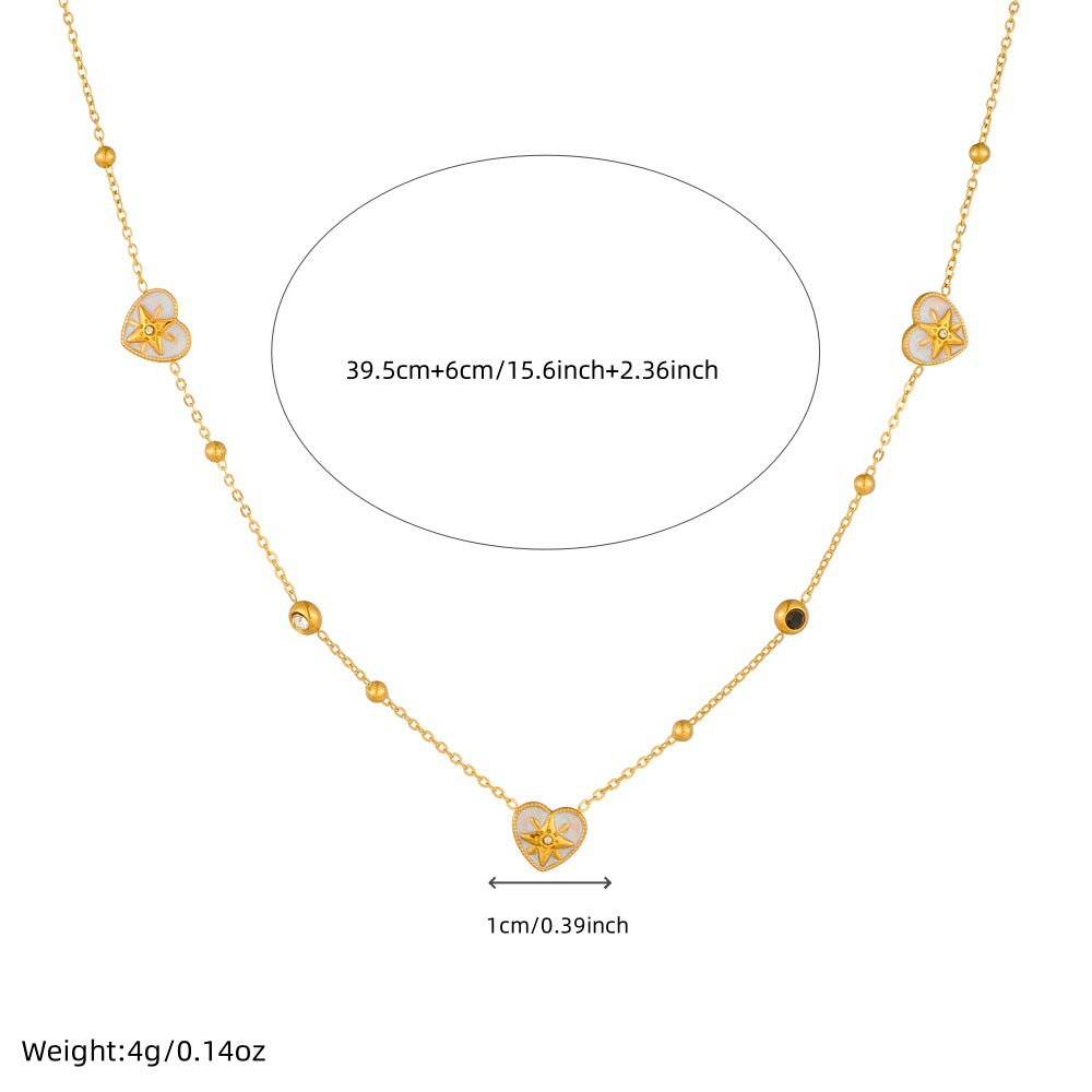 Vintage Elegant Two-Tone Eight-Pointed Star and Heart Rhinestone Inlay Stainless Steel Jewelry Set with Cable Chain
