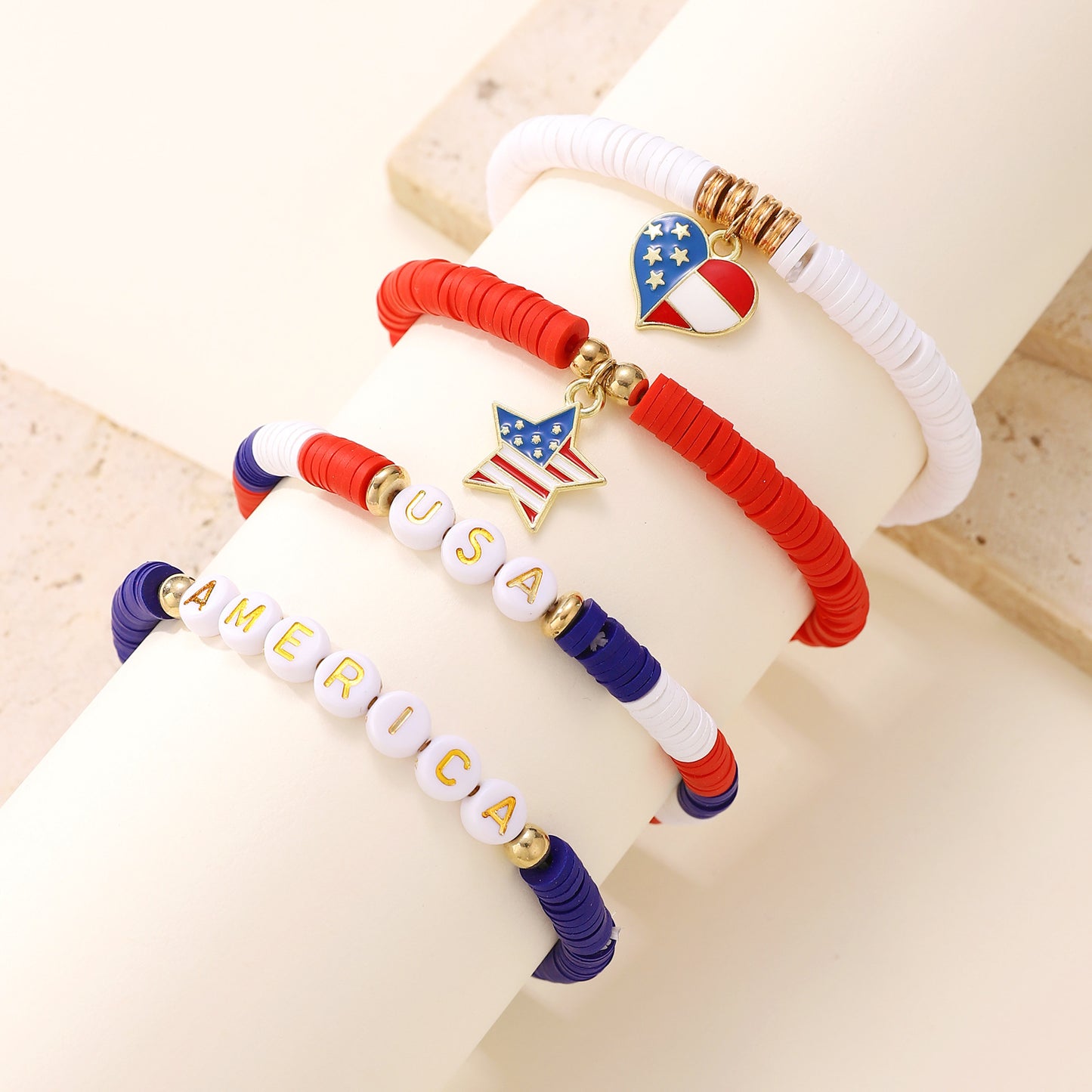 Patriotic Resin Beaded Bracelet Set with Heart Star Letter Charms and Rhinestone Accents