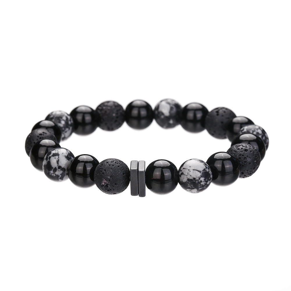 Ethnic Handmade Geometric Round Stone Bracelet with Snowflake Volcanic Stone and Hematite for Unisex