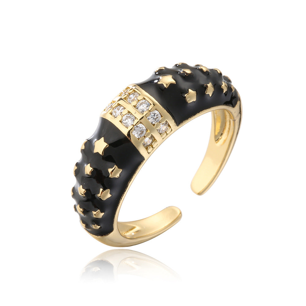 Anello Aperto Geometrico Stile Bohemien in Rame con Placcatura in Oro 18K e Zirconia Smaltata Colorata