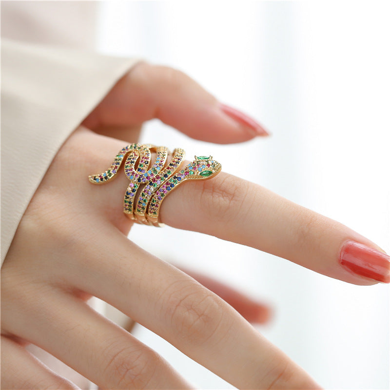 INS Style Geometric Snake Shape Copper Ring with Micro-Pave Zirconia and 18K Gold Plating