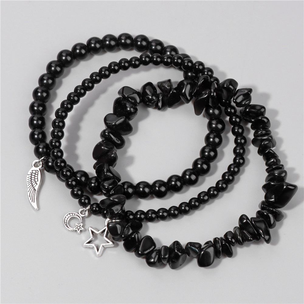Vintage Amethyst Crystal Chip Beads Bracelet with Star Moon Pendant Geometric Irregular Stone Elastic Multi-Layer Bracelet for Women