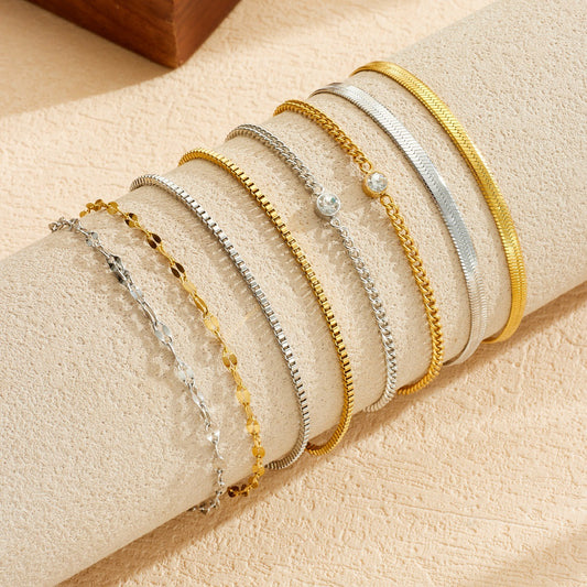 Minimalist Gold Plated Stainless Steel Rhinestone Layered Cable Chain Bracelet Set for Women