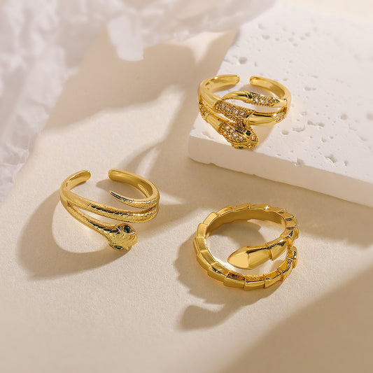 Minimalist Geometric Snake-Shaped Copper Ring with 18K Gold Plating and Zircon Inlay for Women