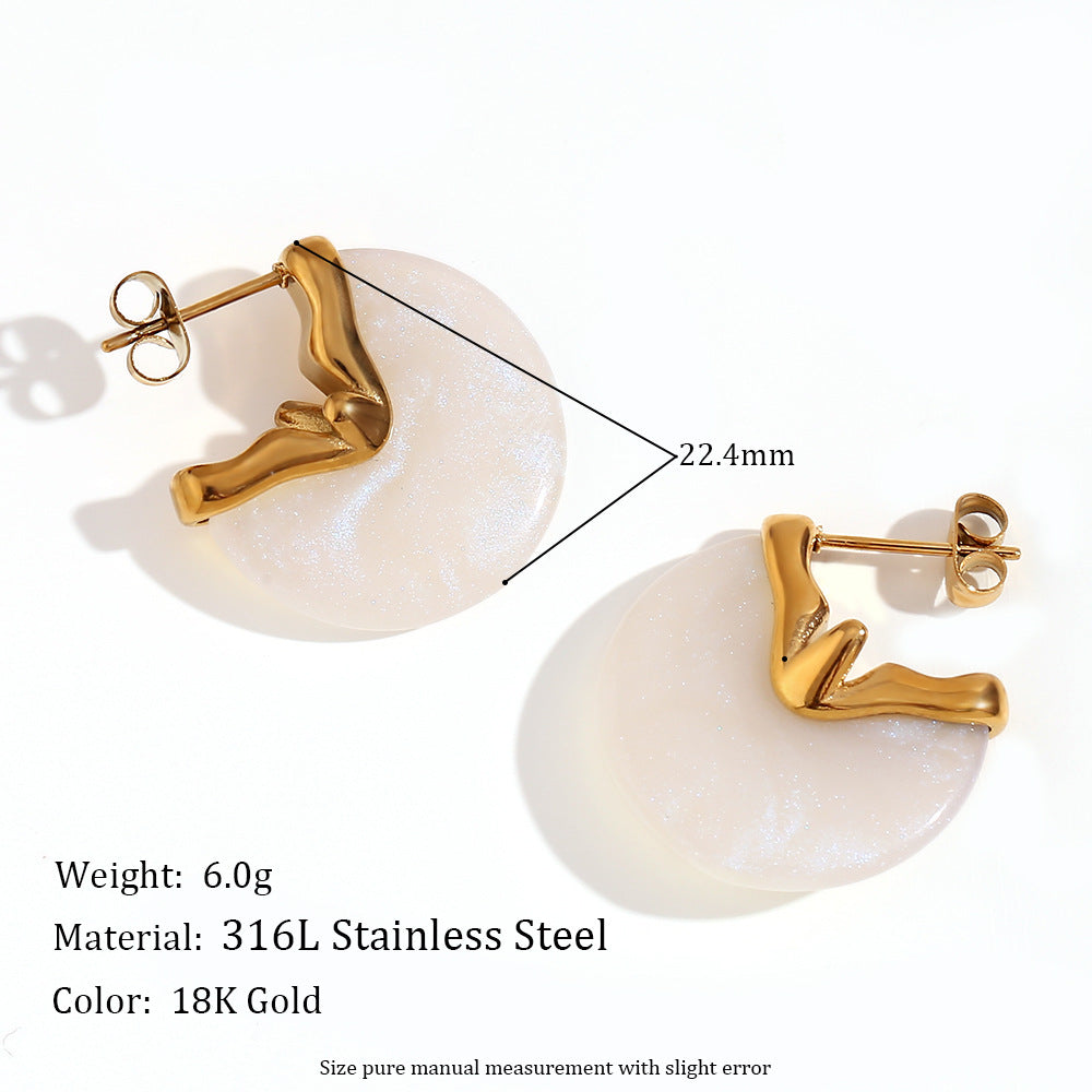 Fashionable Oval Stainless Steel Earrings with 18K Gold Plating and Hammered Texture Natural Stone for Women
