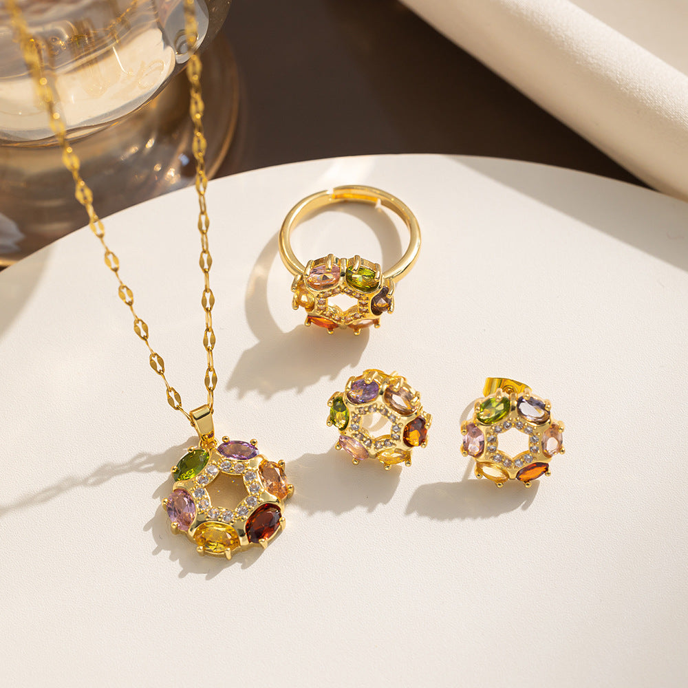 Set collana con ciondolo a forma geometrica tonda di Topolino e quadrifoglio in acciaio al titanio con intarsio di strass da donna