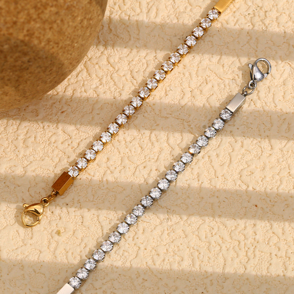 Fashionable Minimalist Geometric Stainless Steel Plated 18K Gold 3mm Cubic Zirconia Bracelet for Women