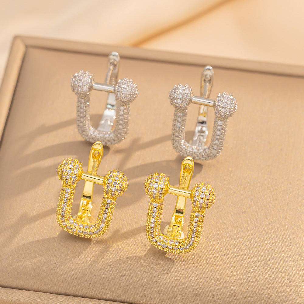 Minimalist Modern Geometric Horse-Shoe and C-Shape Stud Earrings for Women with Gold-Plated Copper and Rhinestone Inlay