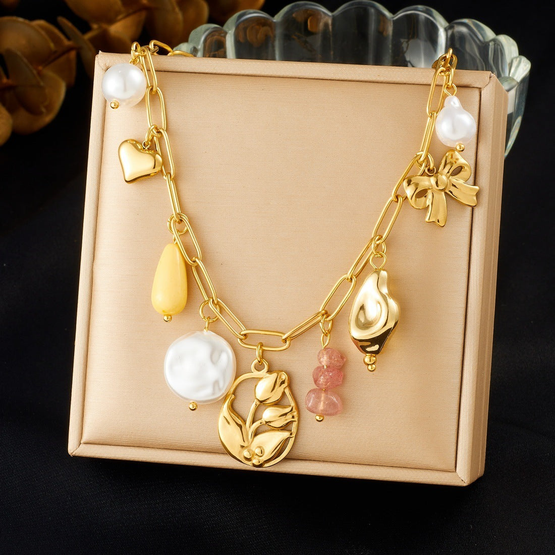 Sweet Gold Plated Stainless Steel Floral Bow Pendant Necklace with Curb Chain