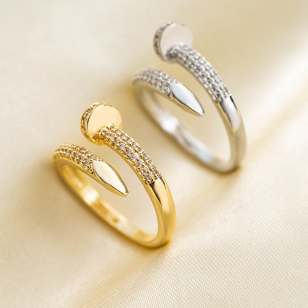 Fashionable Adjustable Open Ring for Women in Copper with 18K Gold Plating Featuring Heart Floral Geometric and Diamond-Inlaid Design