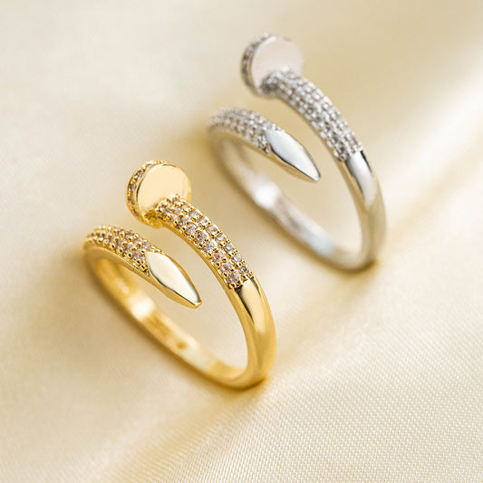 Anillo Abierto Ajustable de Moda para Mujer en Cobre con Baño de Oro de 18K con Diseño Floral, Geométrico, de Corazones e Incrustaciones de Diamantes