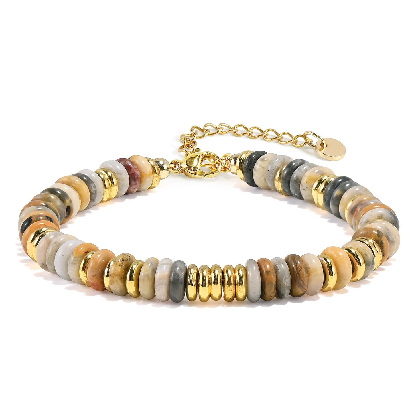 Fashion Geometric Round Natural Gemstone Beaded Bracelet with Gold Spacers and Lobster Clasp Adjustable Unisex Jewelry