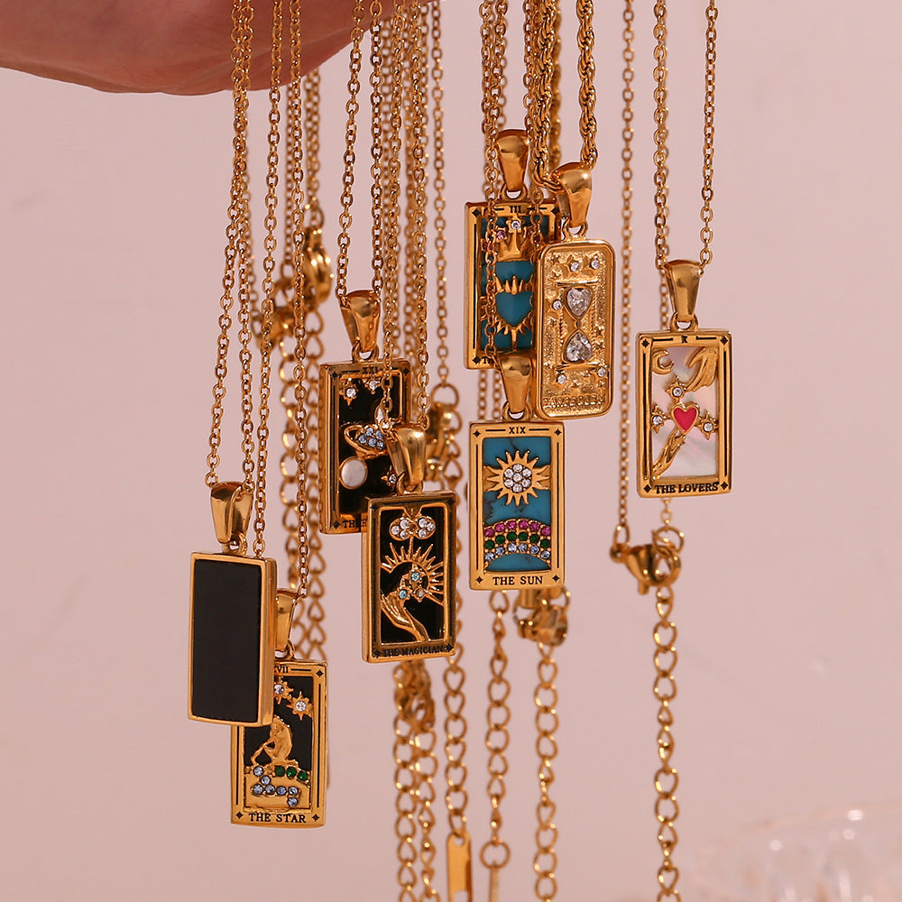 Fashionable Vintage Rectangular Titanium Steel Pendant Necklace with Enamel Finish and Zircon Inlay for Women